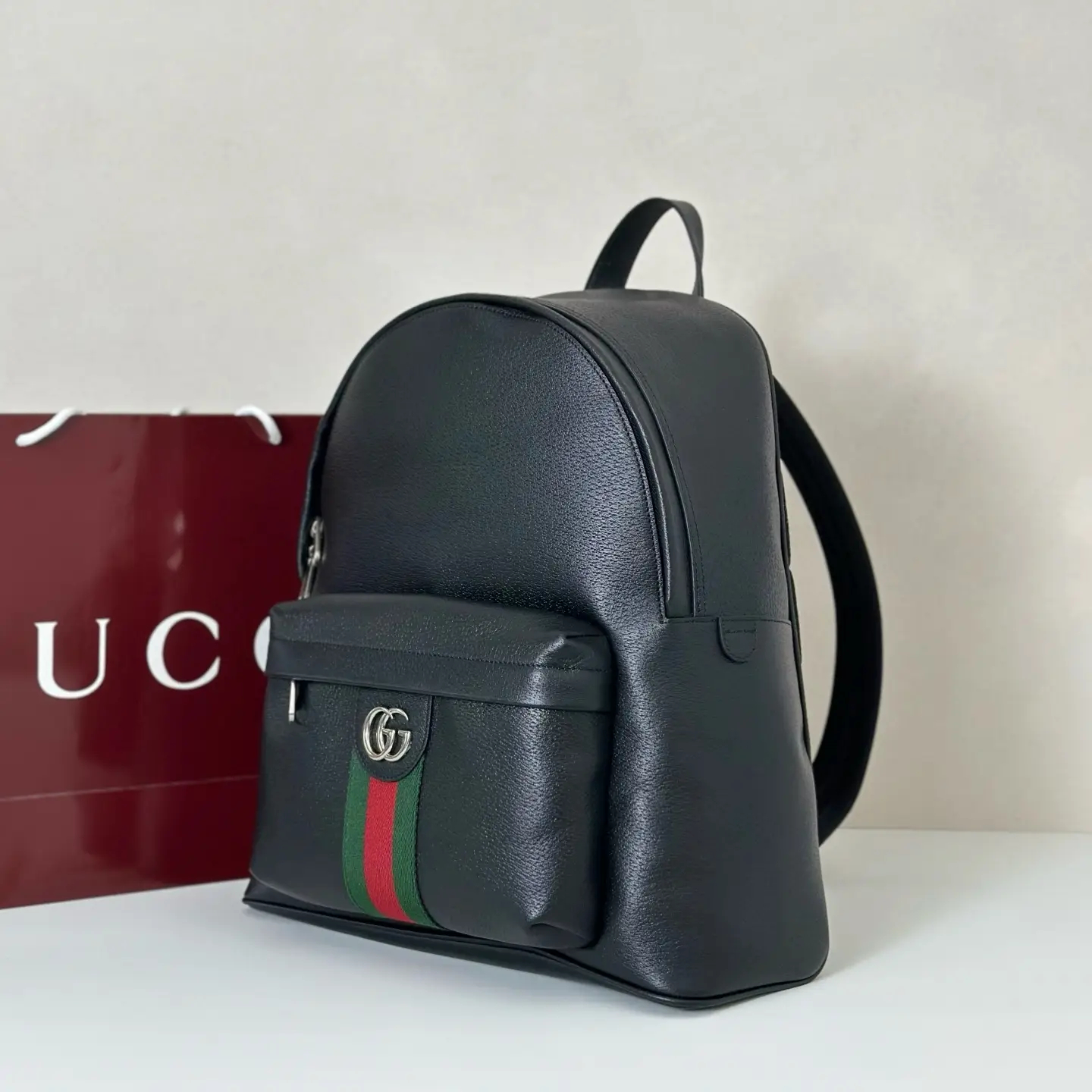 Gucci backpack medium black leather with green and red stripe and silver GG logo accessory bag