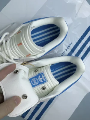 Adidas Para Bad Bunny sneakers white blue fabric leather detail with striped insoles