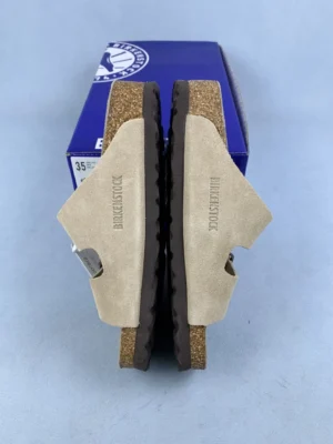 Birkenstock Milano sandals beige suede cork footbed black rubber sole
