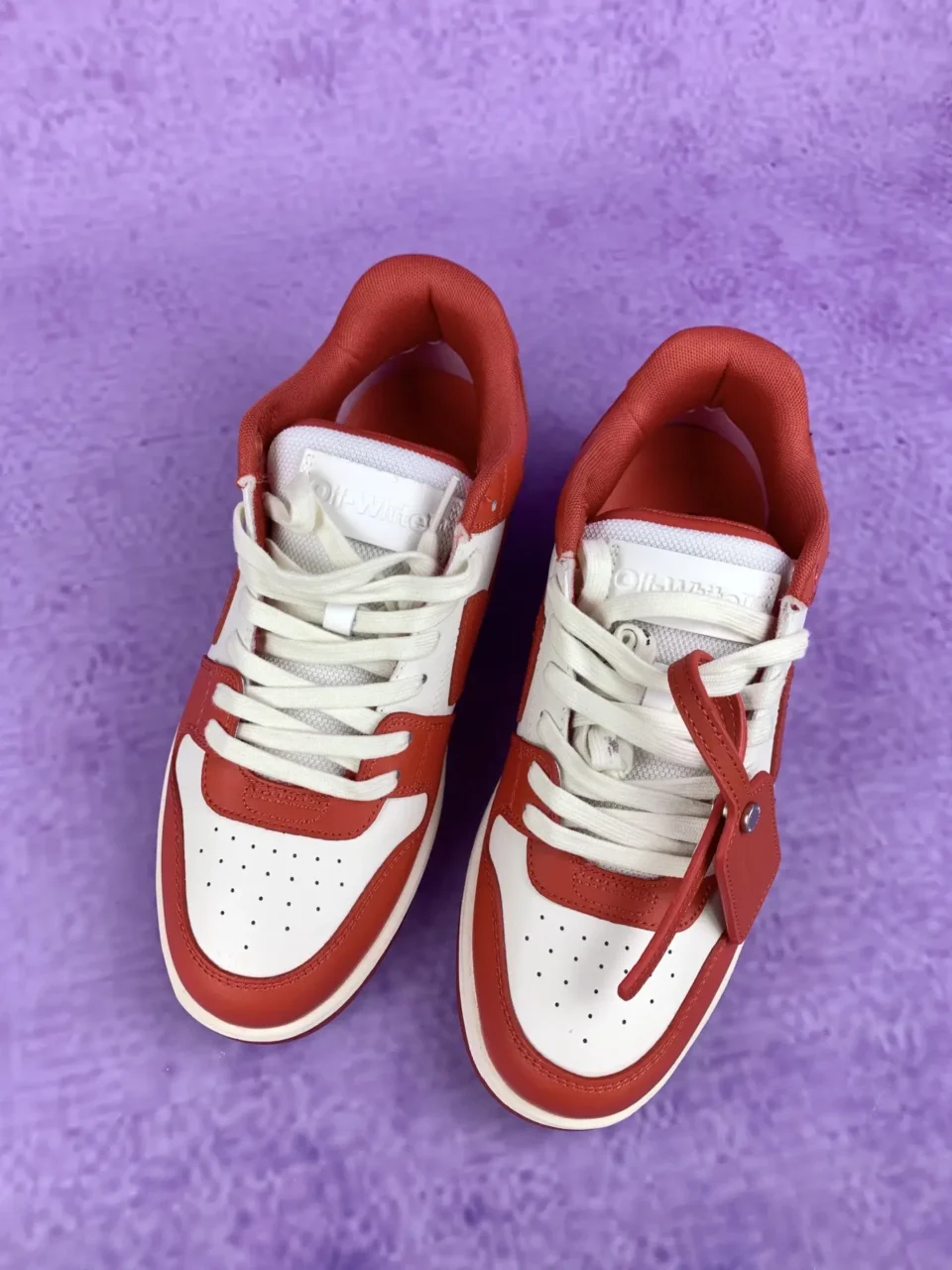 Off-White Low Top Sneakers white red leather textile detailed tag on laces