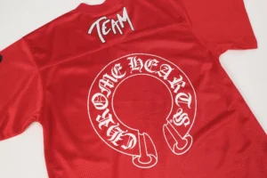 Chrome Hearts team red mesh jersey with white printed logo and text design