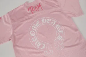 Chrome Hearts Team pink mesh jersey shirt with white circular Gothic script and red lettering