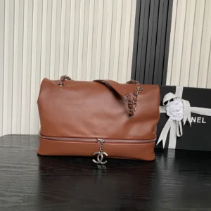 Chanel 22 Large Tote Bag brown lambskin leather silver chain CC zipper pull handbag