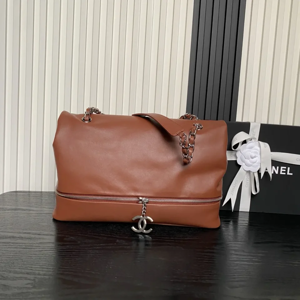 Chanel 22 Large Tote Bag brown lambskin leather silver chain CC zipper pull handbag