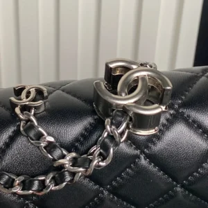 Close-up of the silver chain and double C-button clasp on the Chanel 25B Exquisite Double C-Button CF Series AS5 bag, highlighting its luxurious quilted lambskin texture and elegant design.