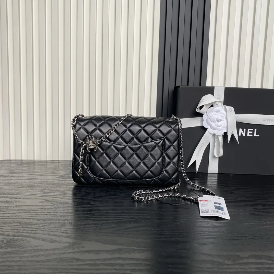 Chanel Classic Flap Bag Small A58655 black lambskin leather quilted silver chain purse