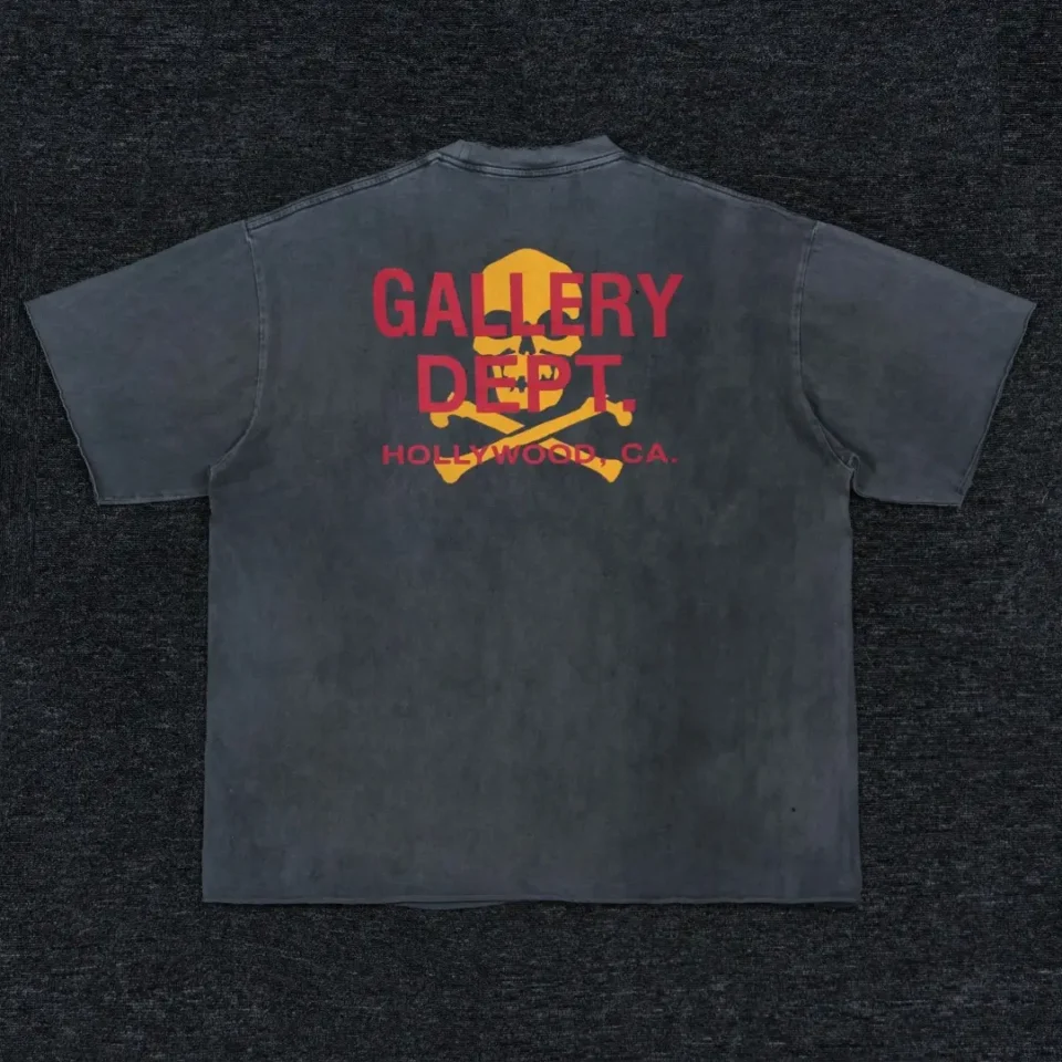 Gallery Dept t-shirt black cotton with yellow skull and red text print on back