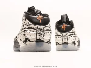 Nike Air Foamposite Pro White Black Splatter orange logo leather sneakers with translucent sole