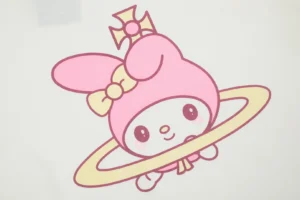 Cute pink character with bunny ears and a bow, encircled by a yellow ring, featured in a Vivienne Westwood summer special clothing offer.