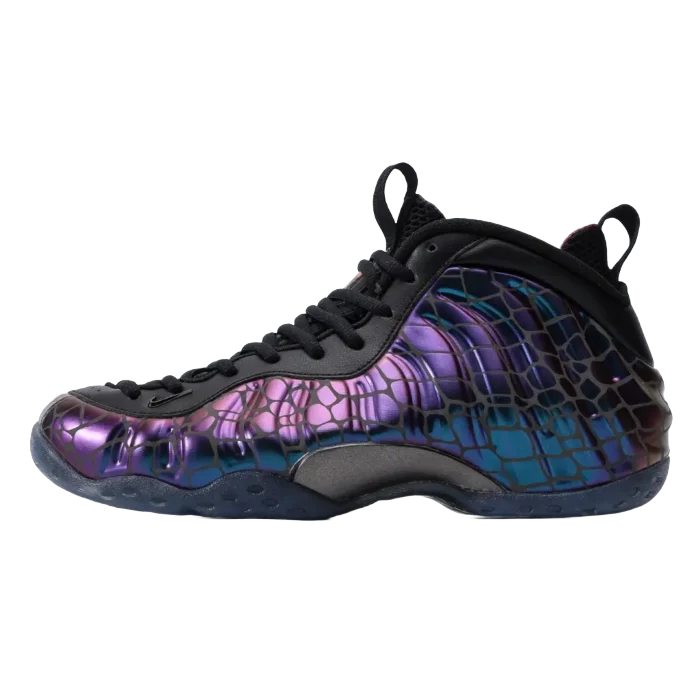 NIKE AIR FOAMPOSITE ONE sneakers featuring a black and iridescent purple design, showcasing unique texture and style, relevant to sneaker collection on RepsGoat e-commerce platform.