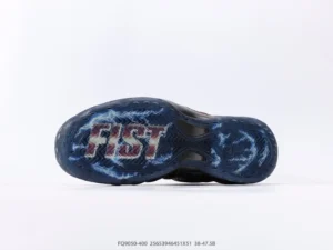 Nike Air Foamposite Pro FQ9050-400 blue red black synthetic sneakers with clear rubber sole and "JUST" graphic