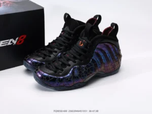Nike Air Foamposite One black purple iridescent leather sneakers with mesh tongue and pull tab