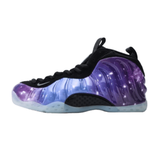 Nike Air Foamposite One NRG sneakers in a galaxy-themed design featuring black and purple hues, showcased for purchase on RepsGoat.