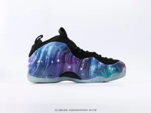 Nike Air Foamposite One NRG sneaker featuring a vibrant galaxy-inspired colorway with black accents and a translucent sole, showcased for purchase on RepsGoat.