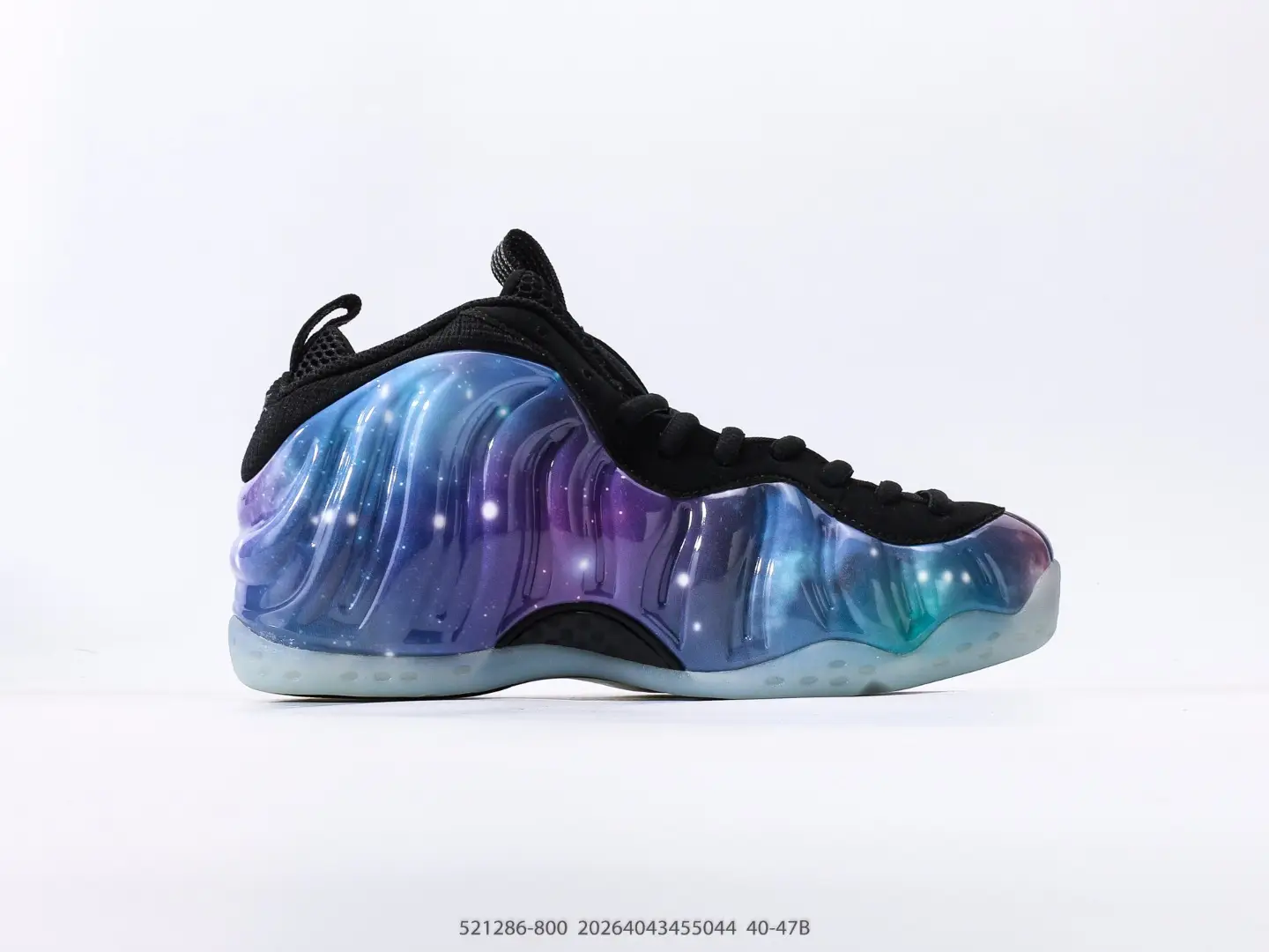 Nike Air Foamposite One NRG sneakers featuring a vibrant galaxy-inspired design with purple and blue tones, showcased for sale at RepsGoat for $149.00.