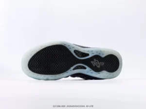 Nike Air Foamposite One NRG sneaker sole with distinctive tread pattern and icy blue accents.