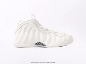 Nike Air Foamposite One "White" all-white synthetic foam sneakers with carbon fiber detail