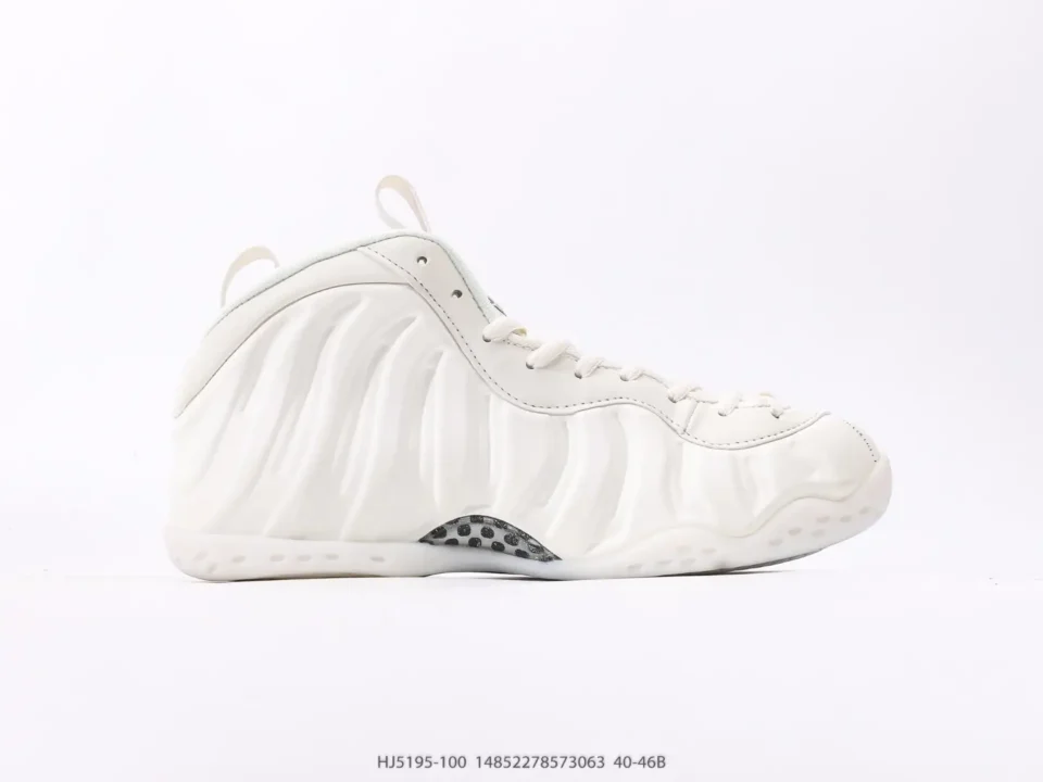 Nike Air Foamposite One "White" all-white synthetic foam sneakers with carbon fiber detail