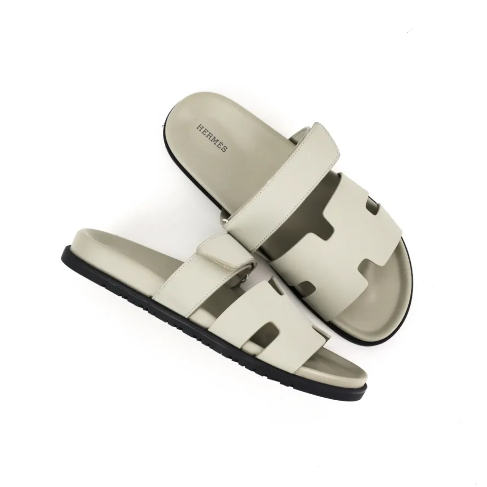 Hermès Oran sandals beige leather slides with black rubber sole men's sandals