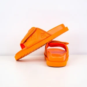 Louis Vuitton Miami Damier Round Head One Word Slippers in vibrant orange, showcasing high-quality design and craftsmanship, featured for purchase at $89.00.