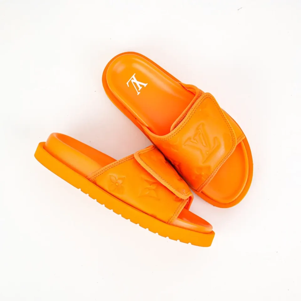 Louis Vuitton Slide Sandals orange leather embossed monogram slip-on sandals