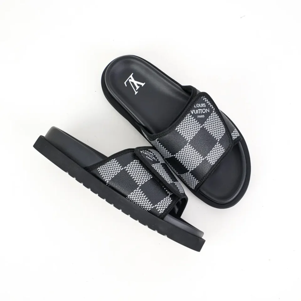 Louis Vuitton slide sandals black white checkered textile upper black rubber sole