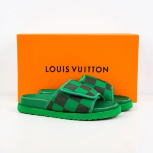Louis Vuitton Poolslide sandals green Damier canvas rubber sole slip-on shoes