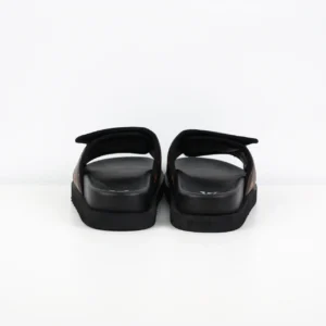Louis Vuitton Flat Pool Slide sandals brown monogram canvas black rubber sole summer footwear