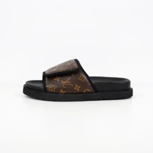 Louis Vuitton slide sandals brown monogram canvas black rubber sole adjustable strap