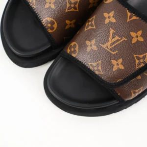 Louis Vuitton slide sandals brown monogram canvas black rubber sole comfortable fit