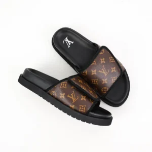 Louis Vuitton Slide sandals brown monogram canvas black rubber sole slip-on sandals