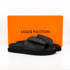 Louis Vuitton Monogram Slide Sandals black monogram canvas leather adjustable strap summer slides
