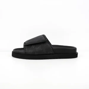 Louis Vuitton Slide-On Mule black Monogram leather sandals with adjustable flap and rubber sole