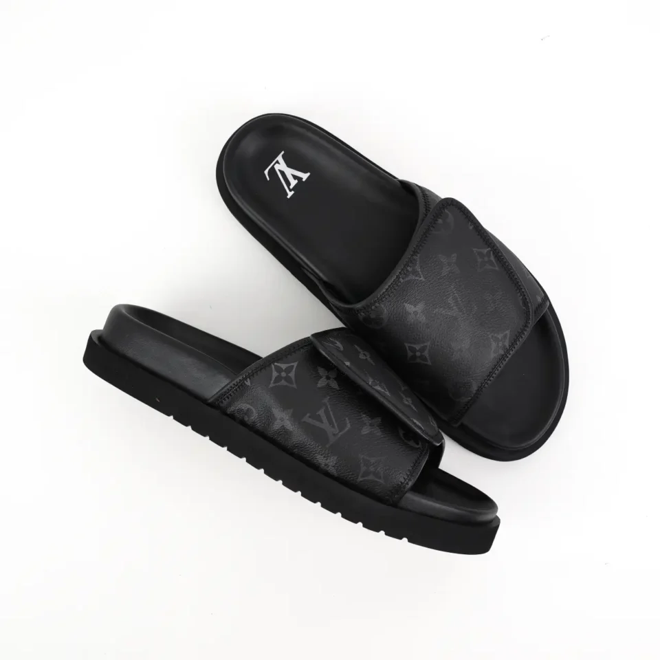 Louis Vuitton Time Out Slide sandals black monogram leather adjustable strap sneakers