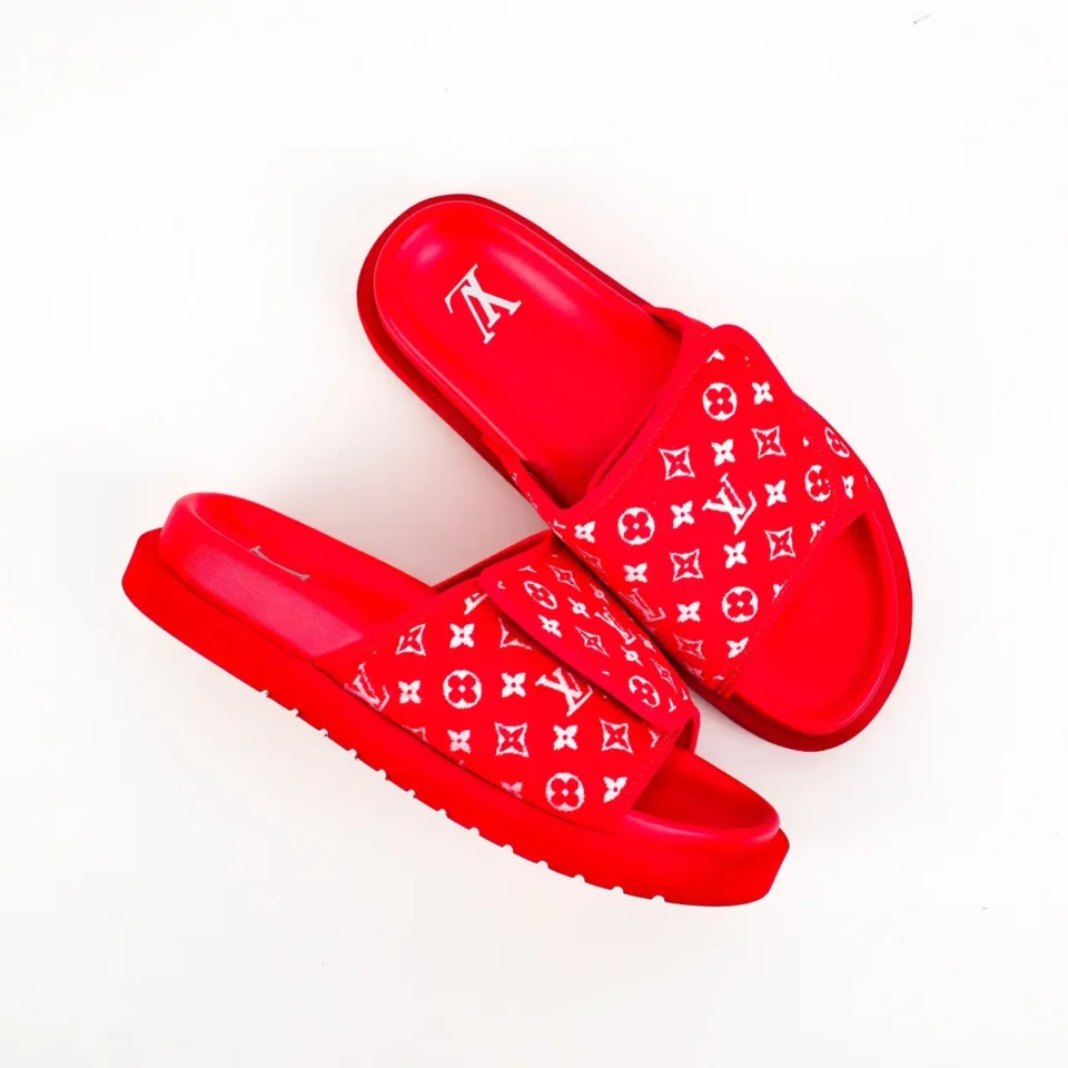 Louis Vuitton Slide Sandals red white canvas rubber sole slippers