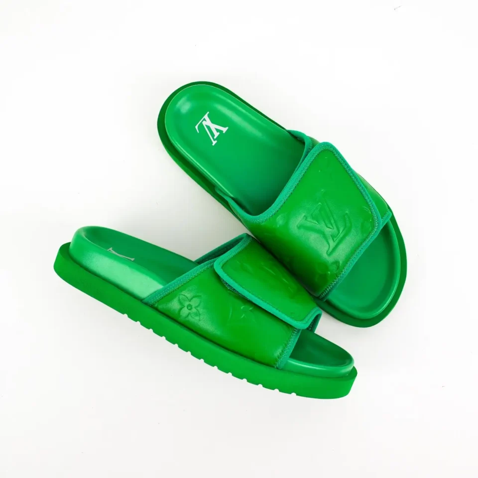 Louis Vuitton Solar Slide sandals green embossed leather open toe slip-ons