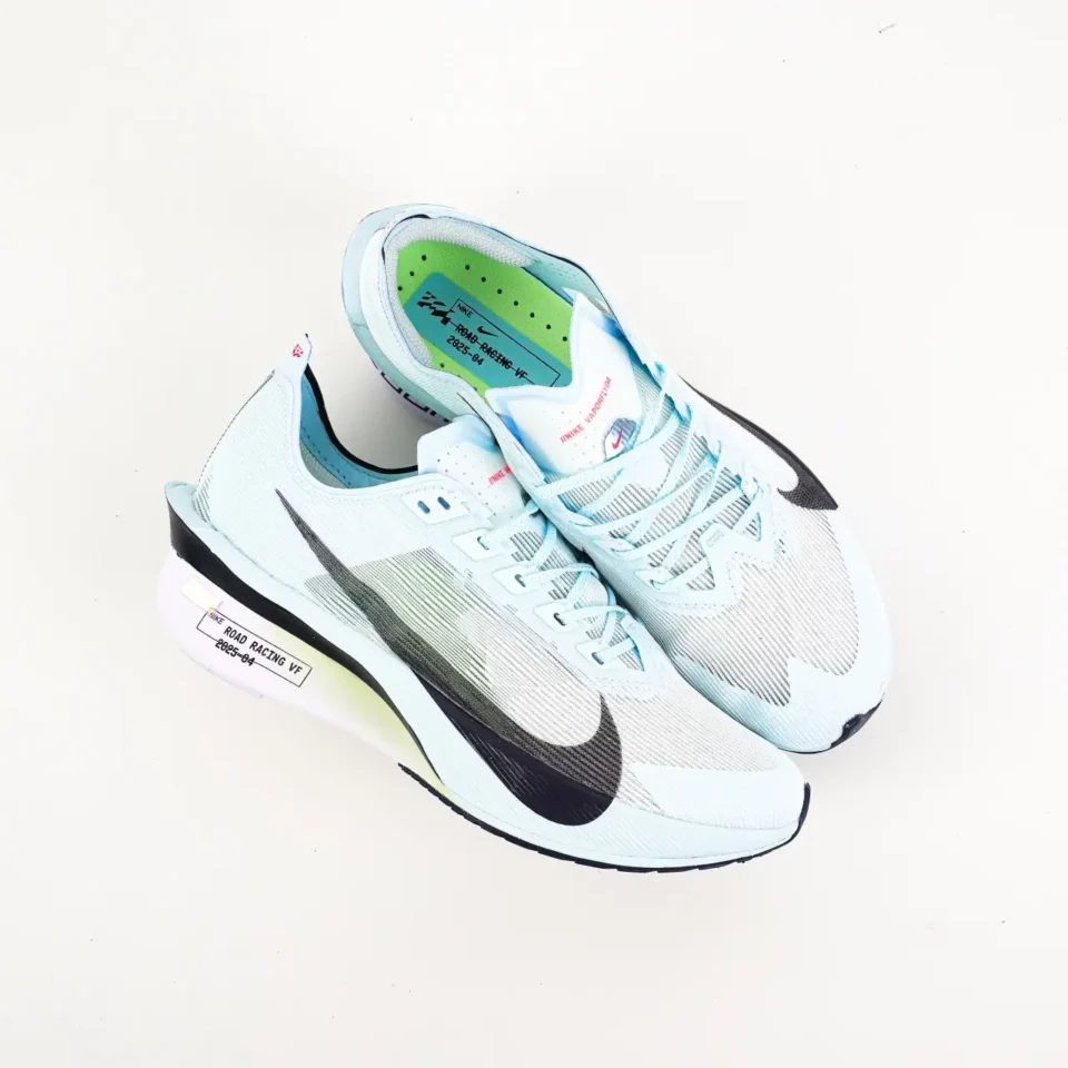 Nike Vaporfly 2 light blue black white mesh running sneakers with green insole
