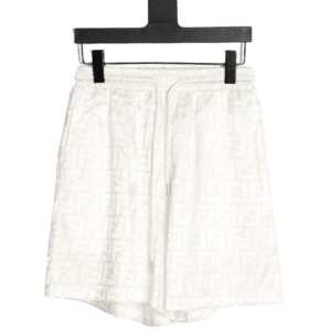Fendi FF Dark Pattern Jacquard Beach Shorts displayed on a hanger, showcasing the white fabric with embossed logo design, highlighting luxury and style.
