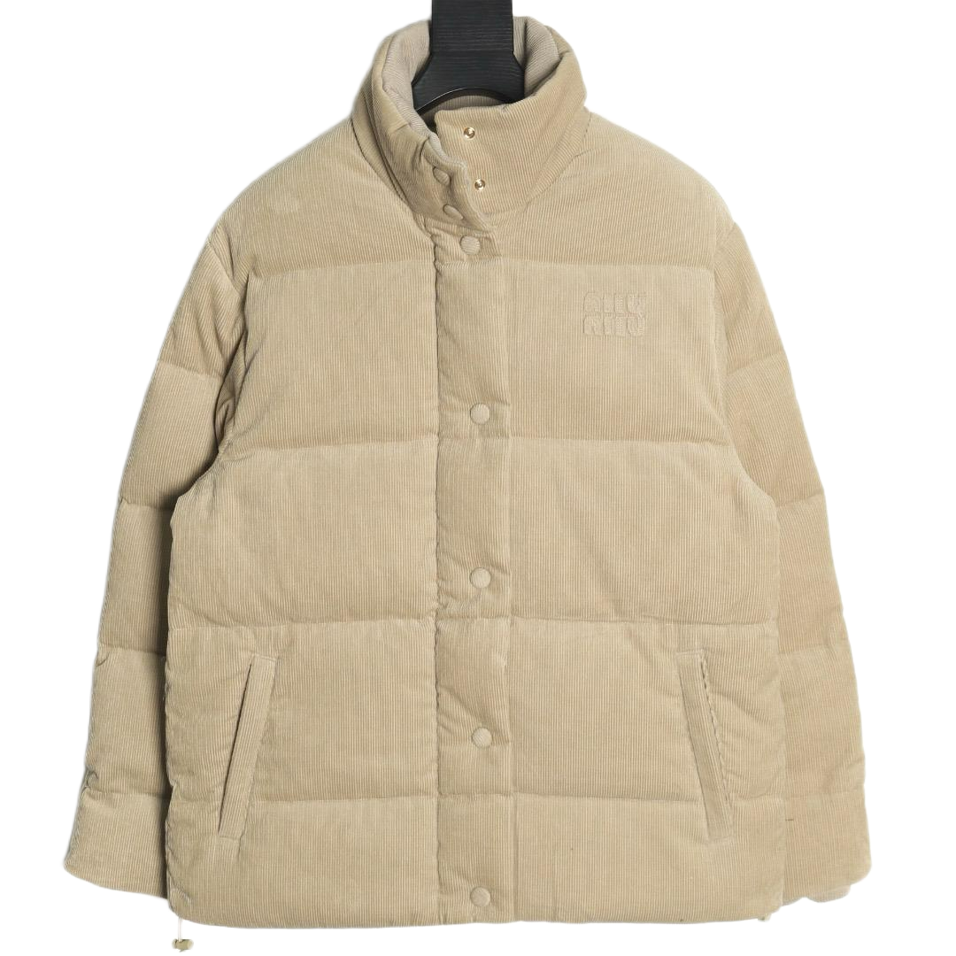 MIU MIU beige corduroy puffer jacket with snap buttons and logo detail, featured in luxury fashion collection.