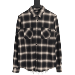 Amiri checked flannel shirt black white cotton blend fabric with distressed hem and dual chest pockets