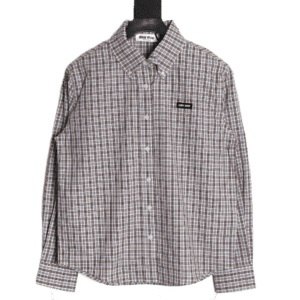 MIU MIU brown and blue fine grid long sleeve shirt with a classic collar and logo detail, showcasing luxury fashion design and craftsmanship.