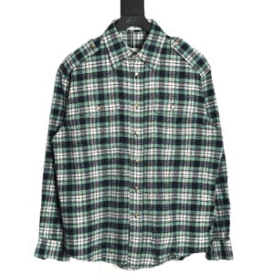 Celine green plaid flannel long-sleeved shirt with two flap pockets and button embellishments, showcasing casual style and unisex design.