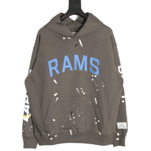 GALLERY DEPT GD Inkjet Hot Stamped Letter Hoodie in gray with blue "RAMS" text, featuring ink splatter effects and a front pocket, showcased on a hanger.