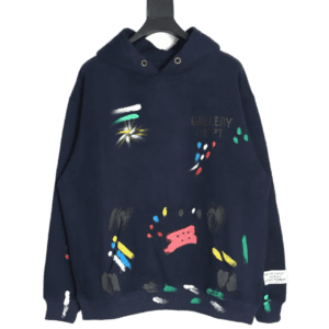Gallery Dept. hoodie navy blue cotton with multicolor paint splatter and front pouch pocket