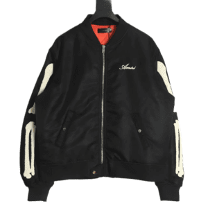 Amiri bomber jacket black nylon with white skeleton print embroidered details and orange lining