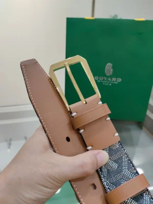 Goyard leather belt tan leather with signature canvas and gold-tone buckle luxury accessory