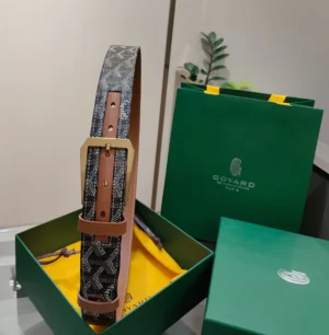 Goyard belt brown leather buckle canvas with signature Goyard pattern gray and black color