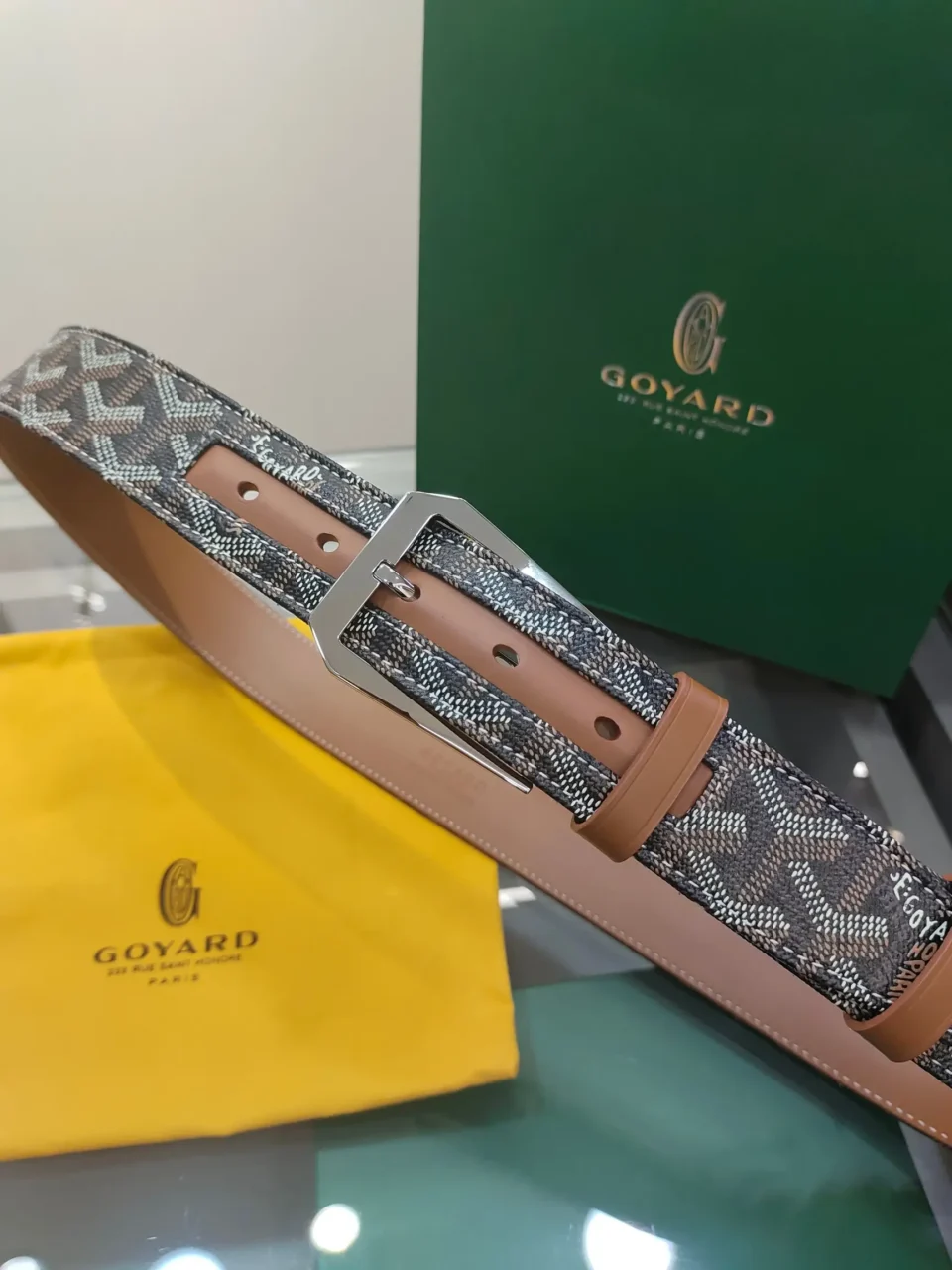 Goyard Goyardine belt medium size grey monogram coated canvas tan leather silver buckle accessory