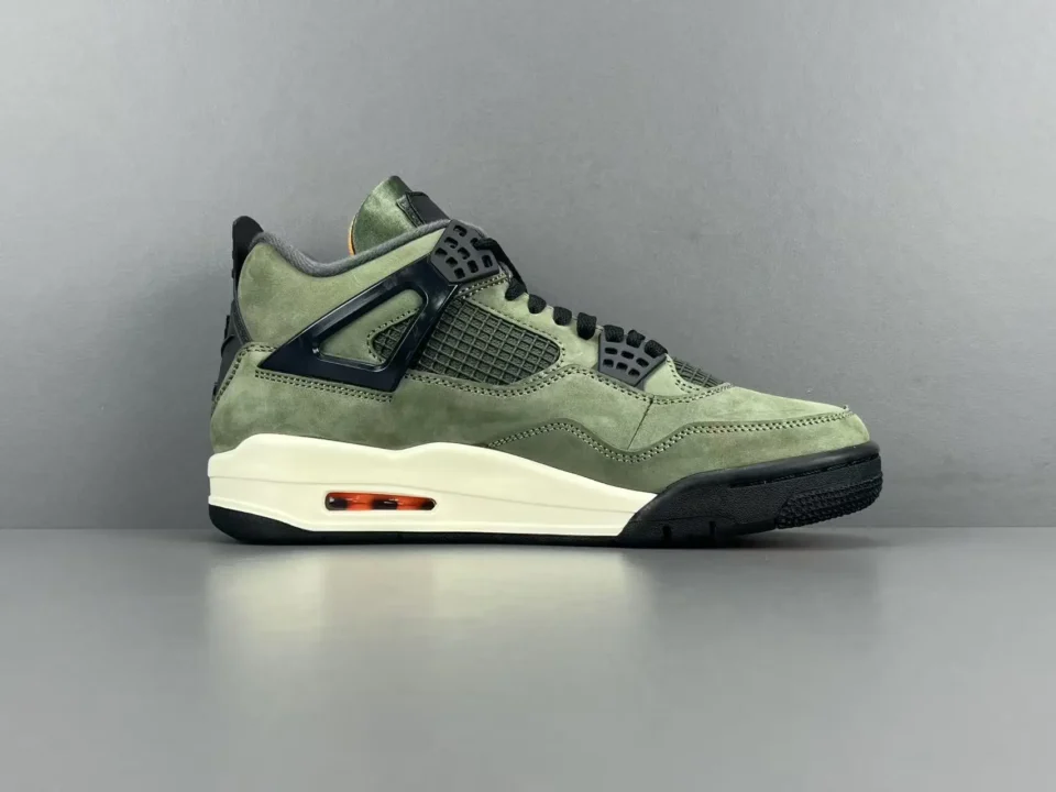 Nike Air Jordan 4 Retro Military Black olive green black suede sneakers with white midsole and orange air unit