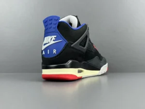 Nike Air Jordan 4 Retro Black Court Purple Fire Red leather and mesh sneakers with blue heel tab and white sole